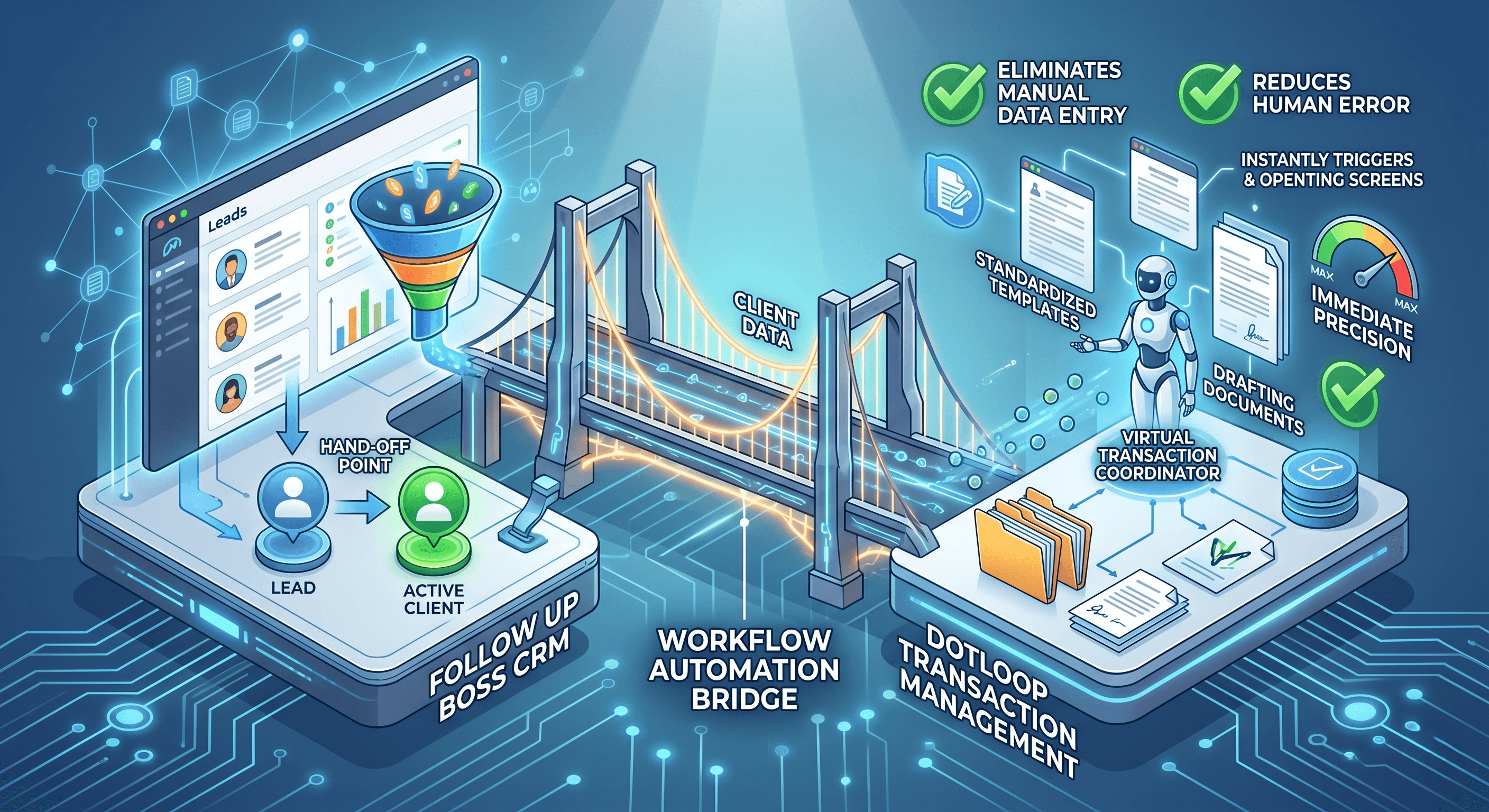 Follow Up Boss to Dotloop workflow automation dashboard syncing real estate client data seamlessly.