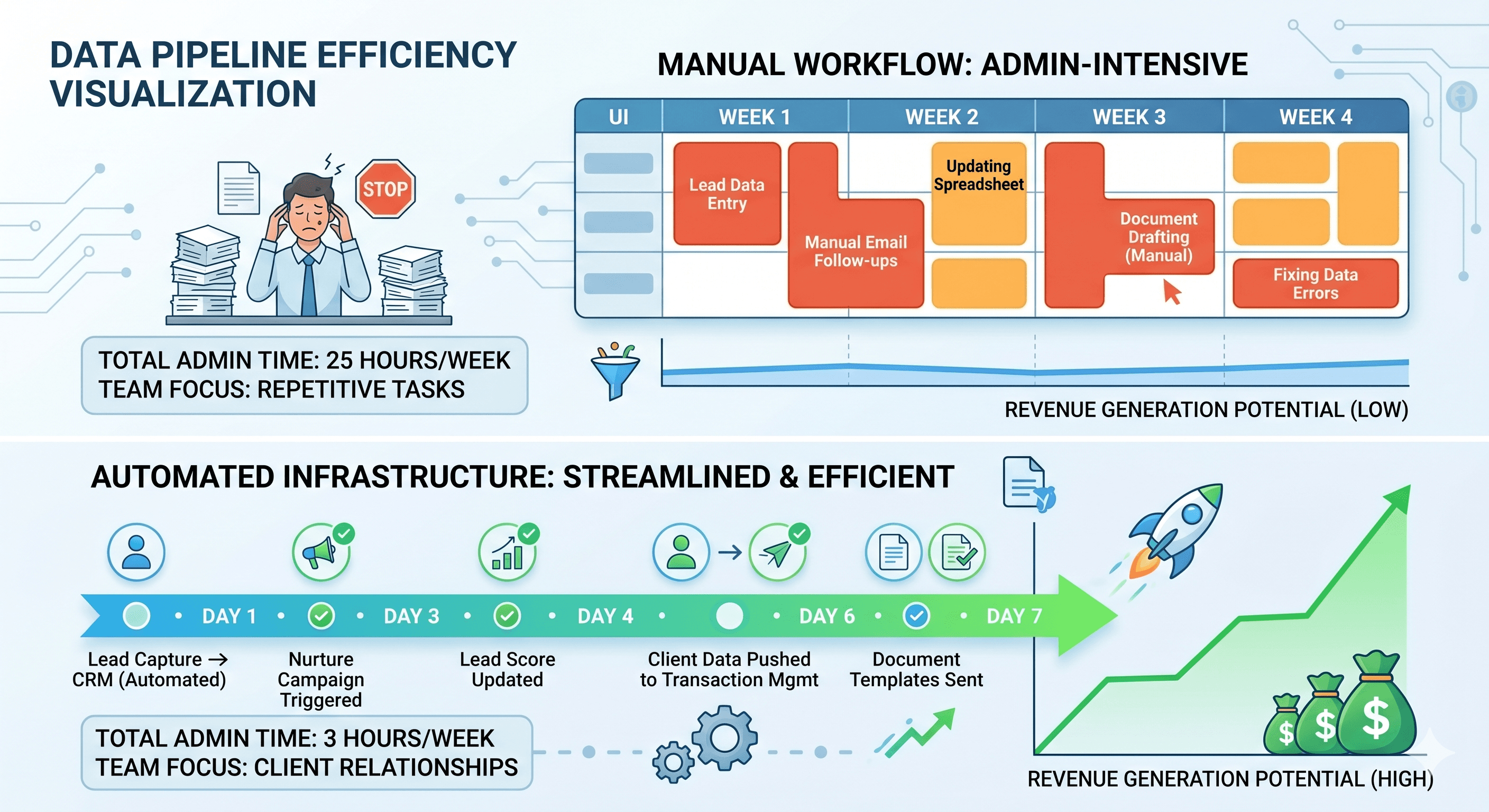 Data visualization comparing manual MLS data entry time versus automated real estate listing management efficiency.